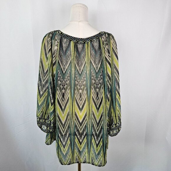 Figueroa & Flower 3X Sheer Green Boho Tunic Blouse 3/4 Sleeve Peacock Print - Picture 4 of 9